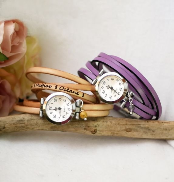 multi tour lederen horloge voor dames, pastelkleurig