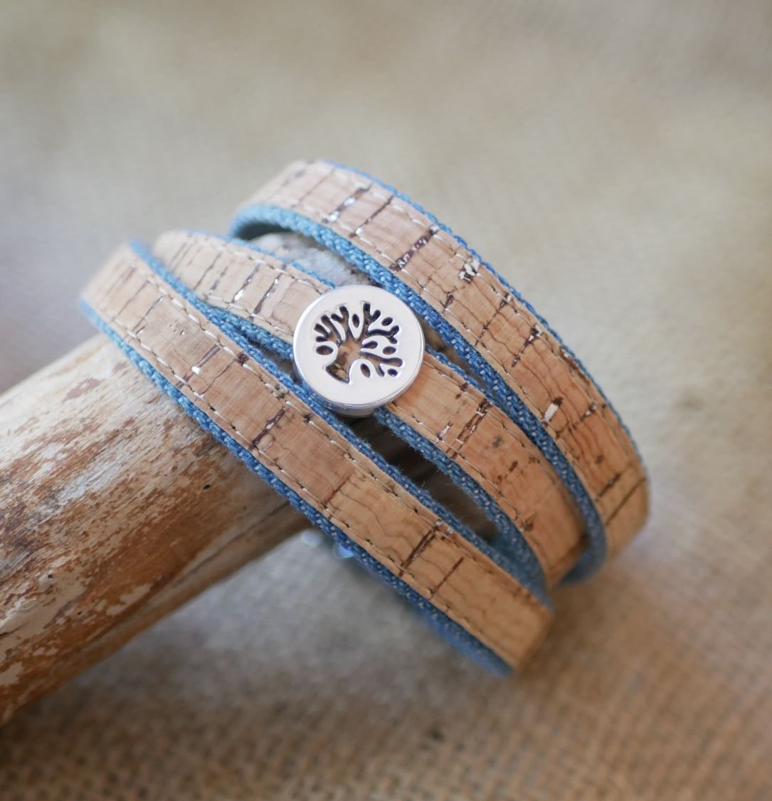 Levensboom armband op kurk en Jean's katoen in enkele, dubbele of driedubbele twist