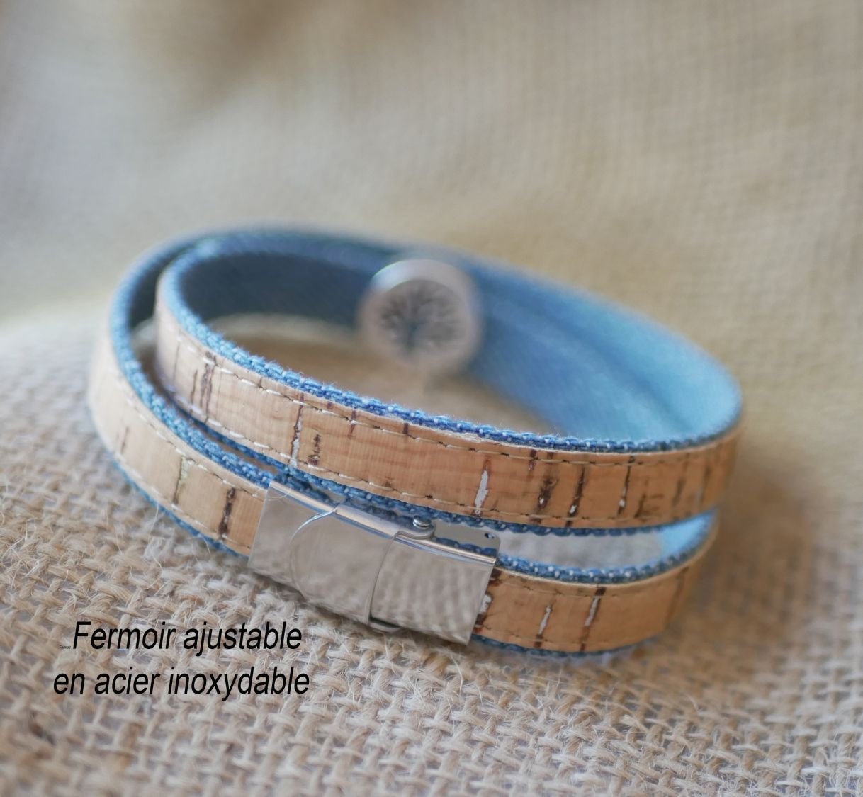Levensboom armband op kurk en Jean's katoen in enkele, dubbele of driedubbele twist