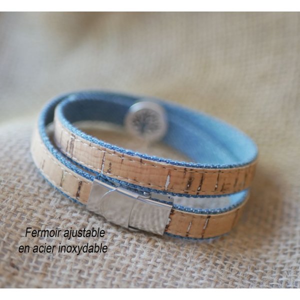 Levensboom armband op kurk en Jean's katoen in enkele, dubbele of driedubbele twist