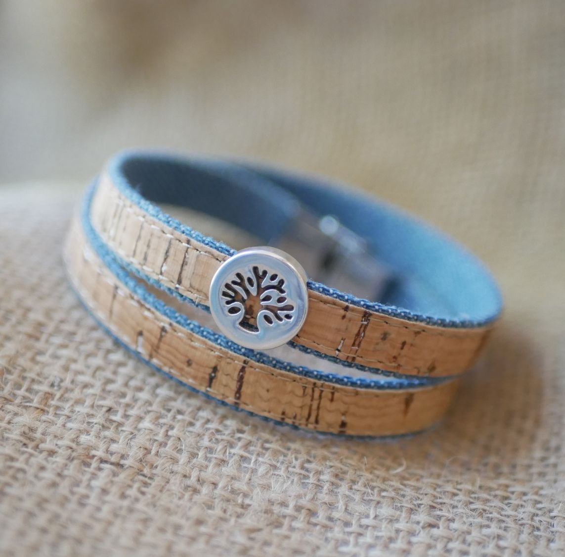 Levensboom armband op kurk en Jean's katoen in enkele, dubbele of driedubbele twist