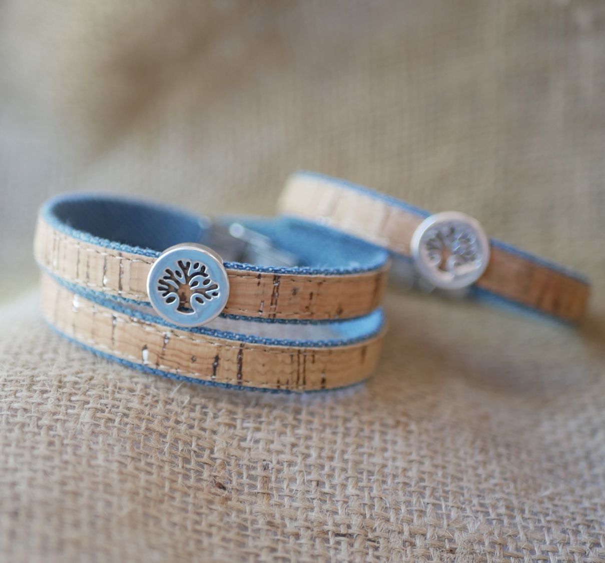Levensboom armband op kurk en Jean's katoen in enkele, dubbele of driedubbele twist