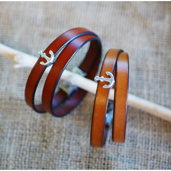 Lederen armband met dubbele polsband, marine anker decoratie, aanpasbaar 