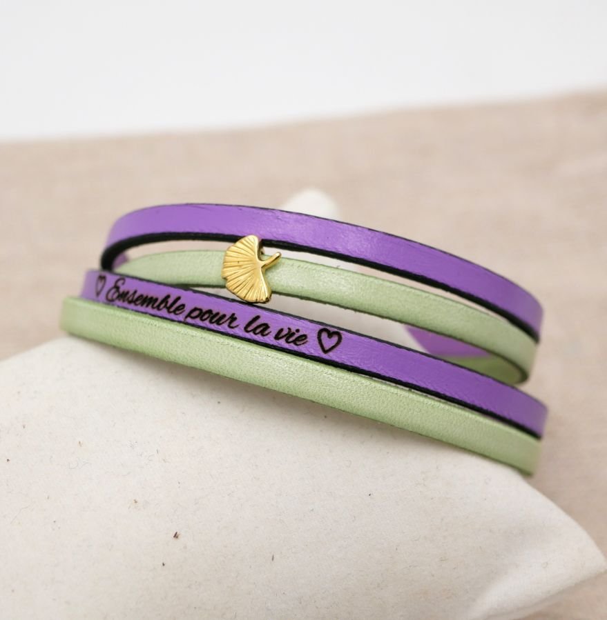 Zen lederen armband in duo van kleuren, personaliseerbaar met gouden ginkgo 