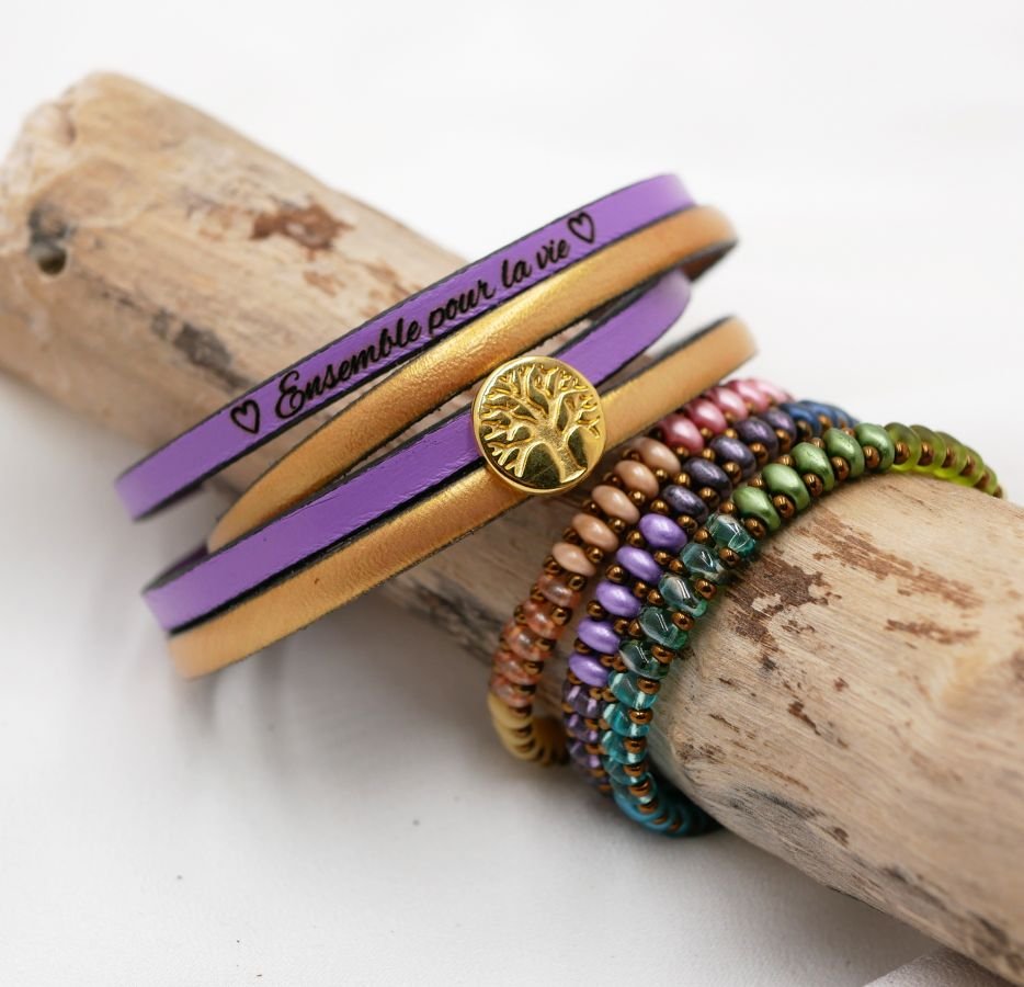 Lederen armband in duo van kleuren, personaliseerbaar met gouden cabochon Levensboom