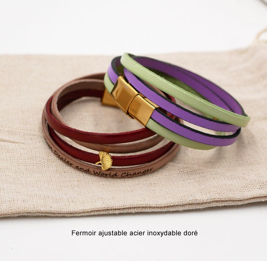 Zen lederen armband in duo van kleuren, personaliseerbaar met gouden ginkgo 