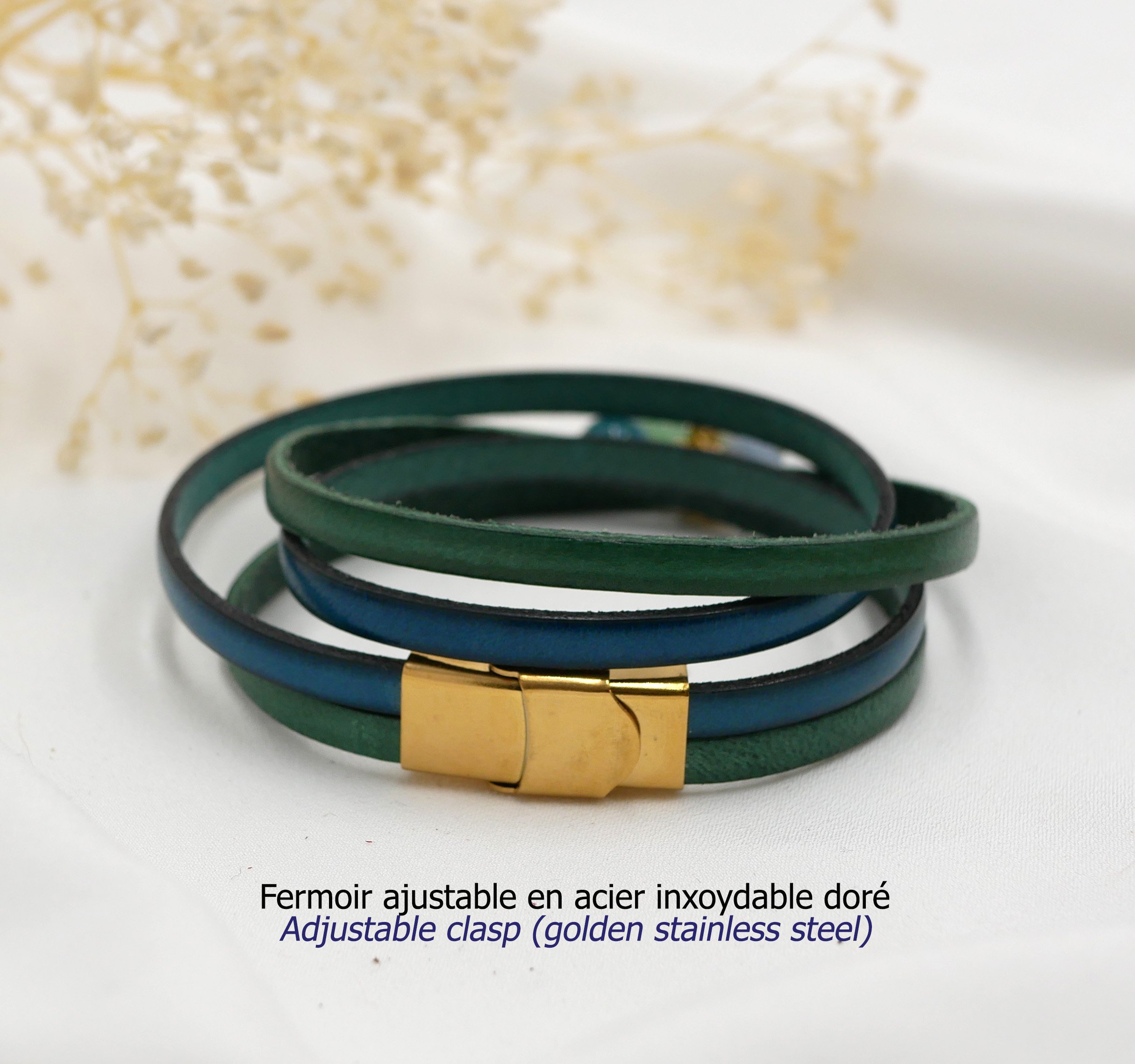 Lederen armband in duo van kleuren, personaliseerbaar met gouden cabochon Levensboom