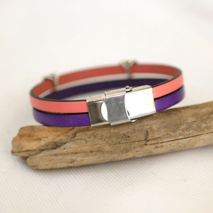 Leren armband in duo met hartvormige lussen, personaliseerbaar voor vrouwen 