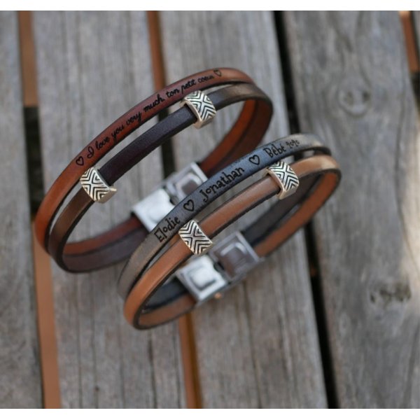 Bracelet cuir en duo passants ethniques personnalisable mixte femme ou homme