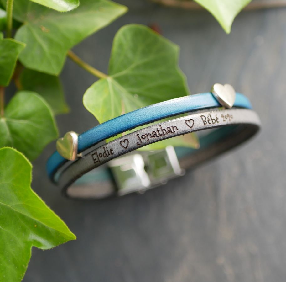 Leren armband in duo met hartvormige lussen, personaliseerbaar voor vrouwen 