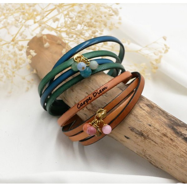 Lederen duo armband met parel hanger te personaliseren