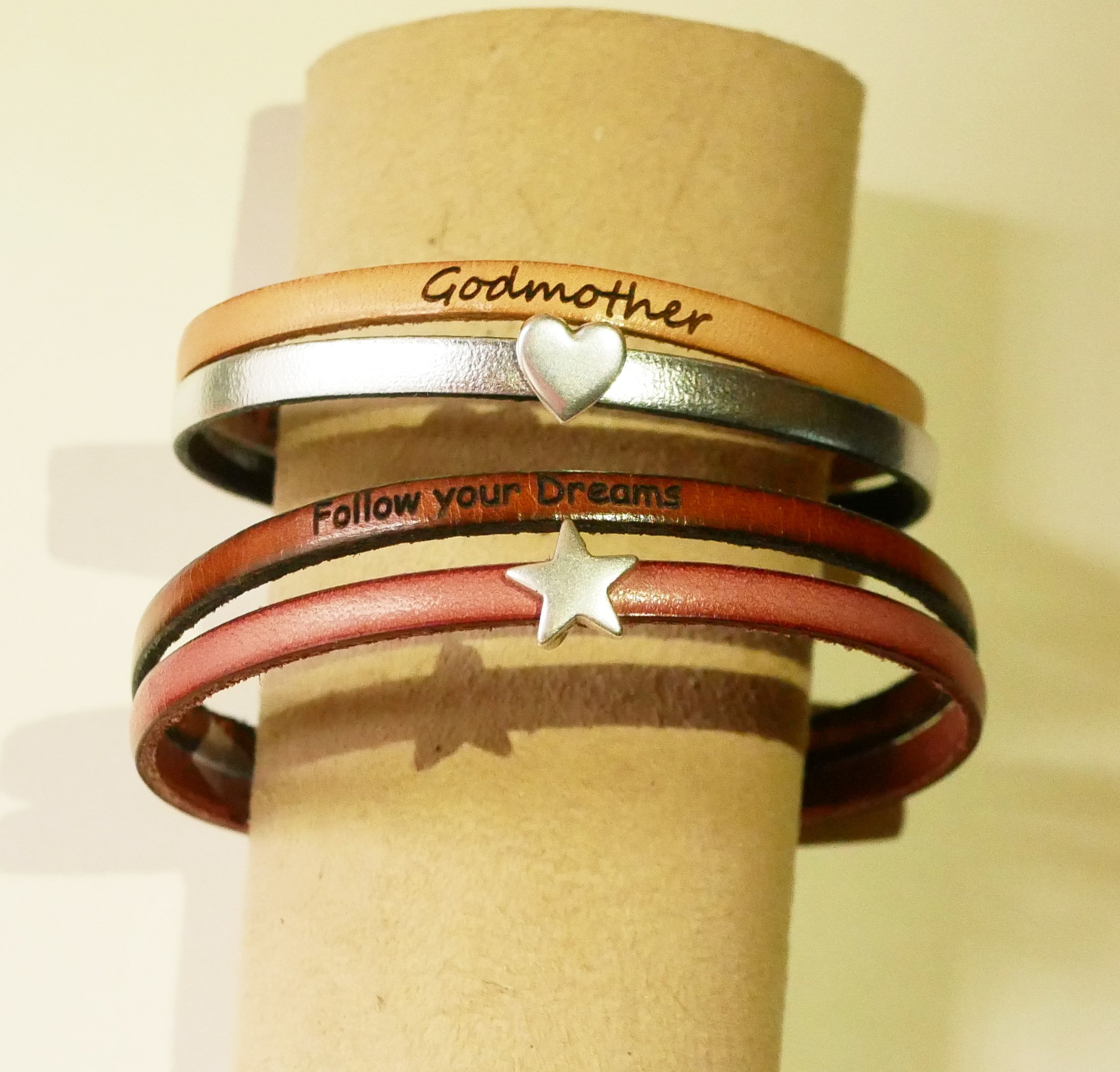 Leren duo-armband om te personaliseren met een hart, ster of oneindigheidlus