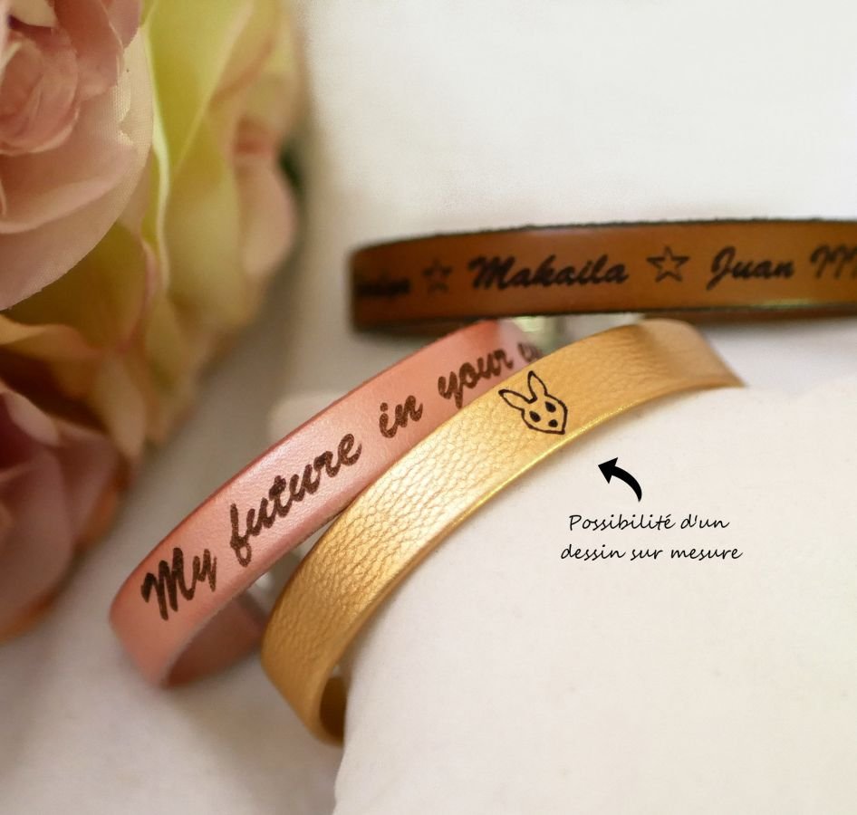 Leren armband vrouw gouden sluiting gepersonaliseerd door gravure 