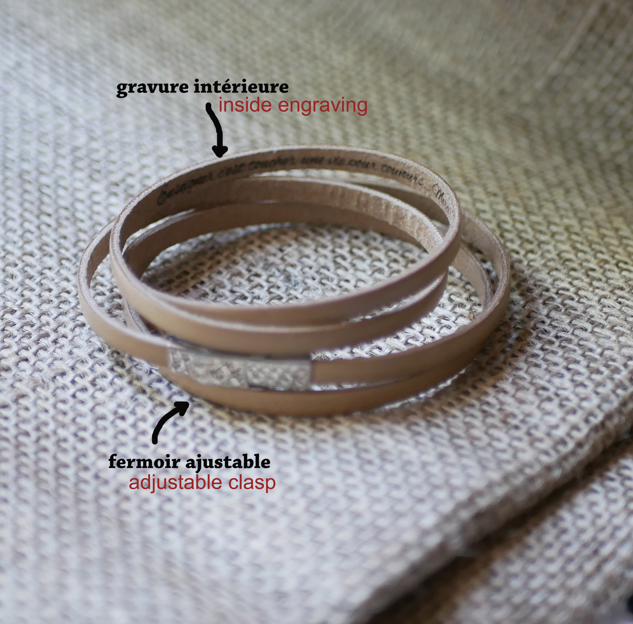 Fijne leren armband in 4 op maat gemaakte polsbanden door gravure