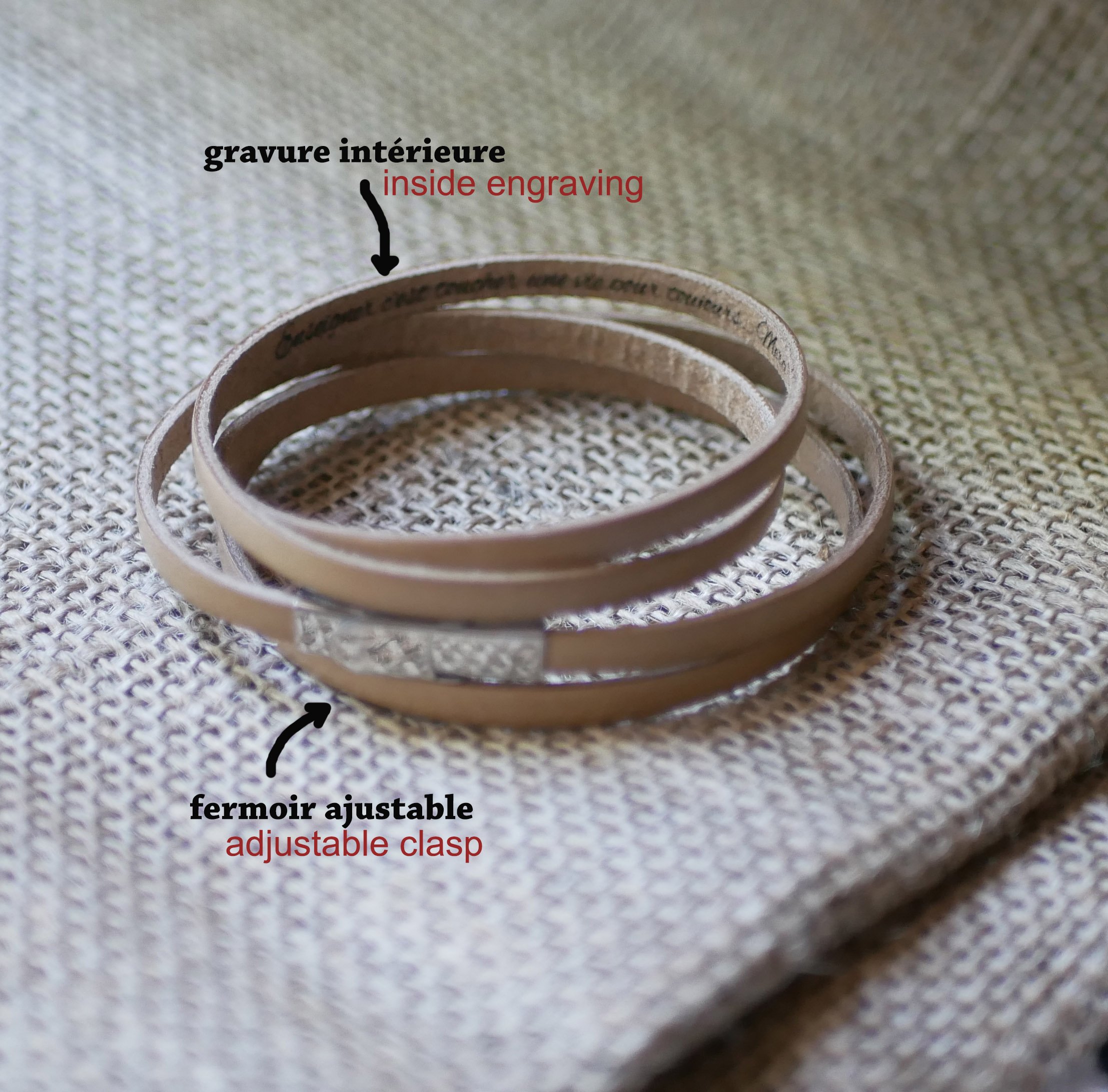 Fijne leren armband in 4 op maat gemaakte polsbanden door gravure