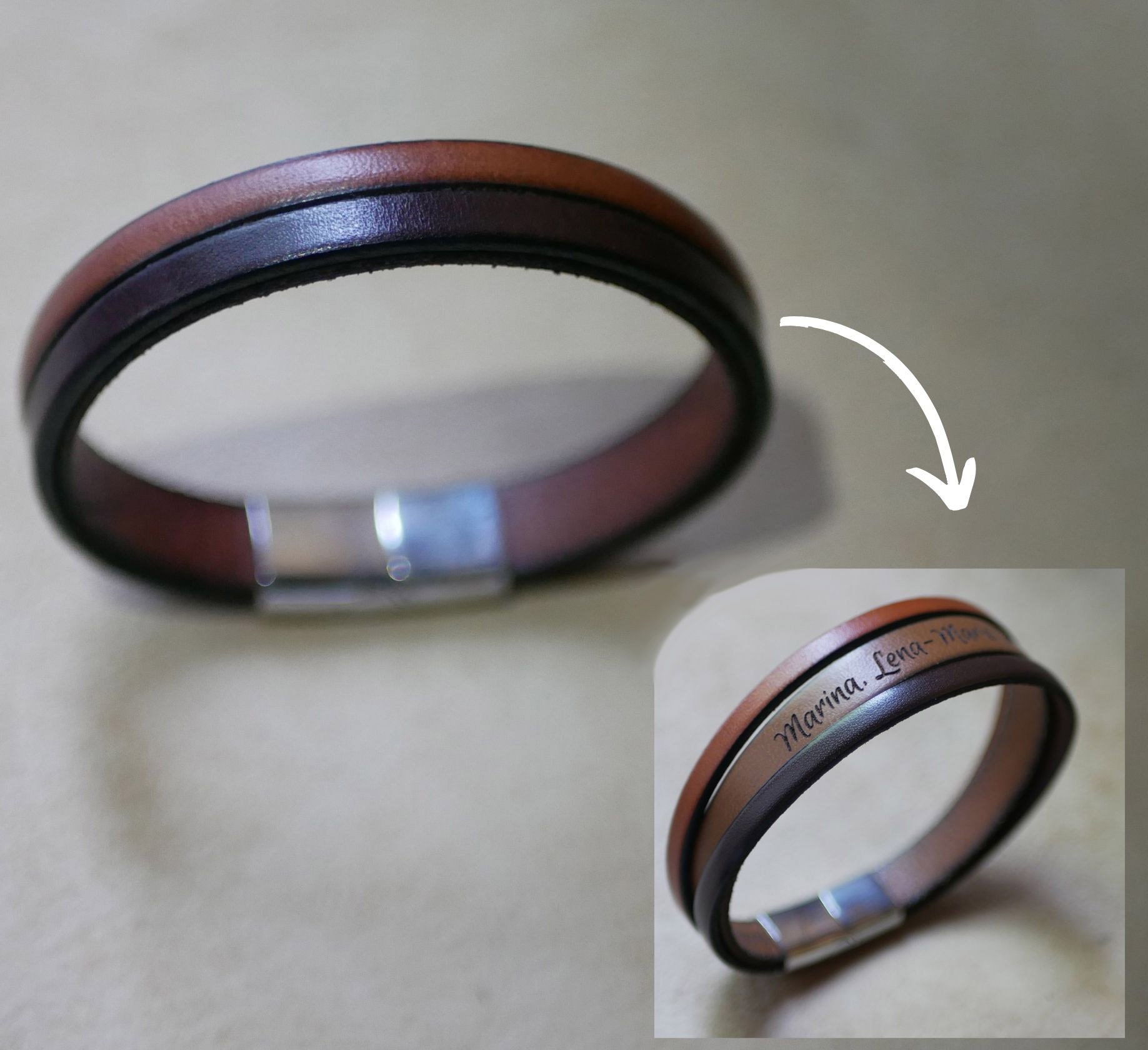 Tweekleurige leren herenarmband met verborgen gegraveerde boodschap