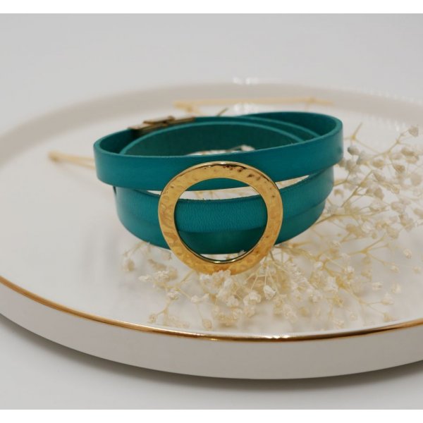 Lederen armband met grote gouden ring, aanpasbaar voor 3 polsen