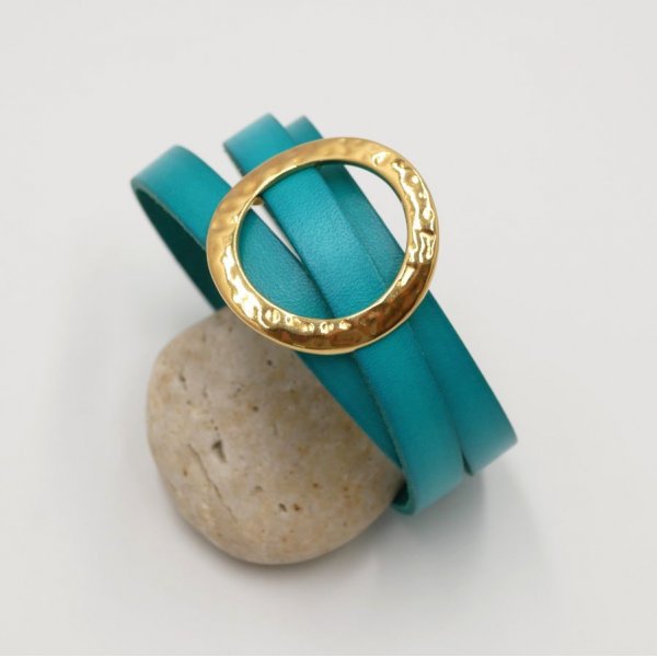 Lederen armband met grote gouden ring, aanpasbaar voor 3 polsen