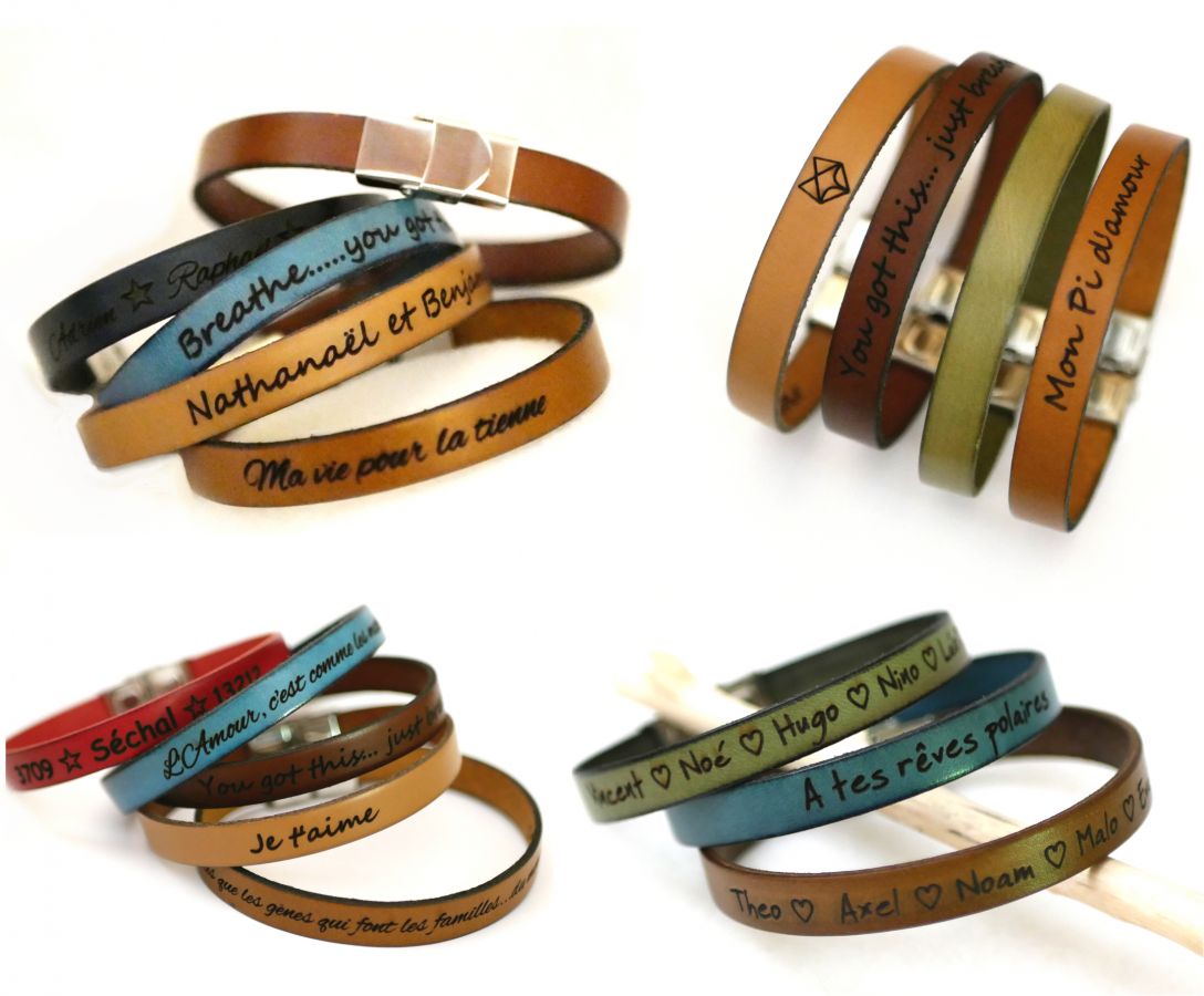 Gepersonaliseerde lederen armband voor mannen of vrouwen gegraveerd met namen of boodschap