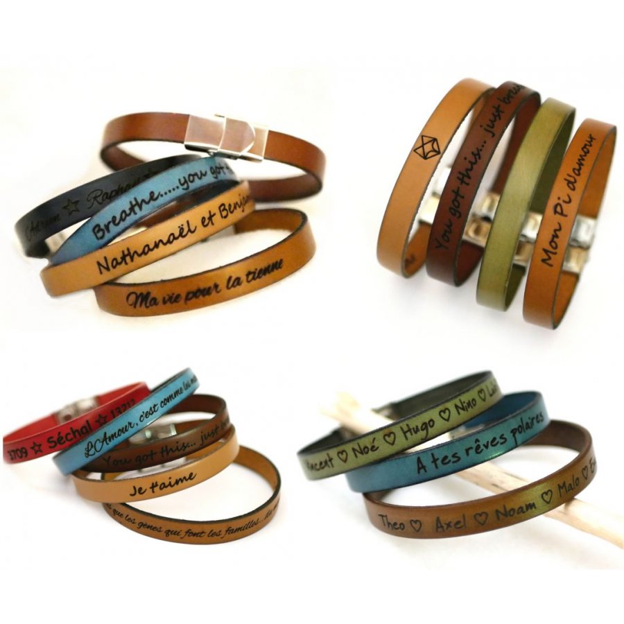 Gepersonaliseerde lederen armband voor mannen of vrouwen gegraveerd met namen of boodschap