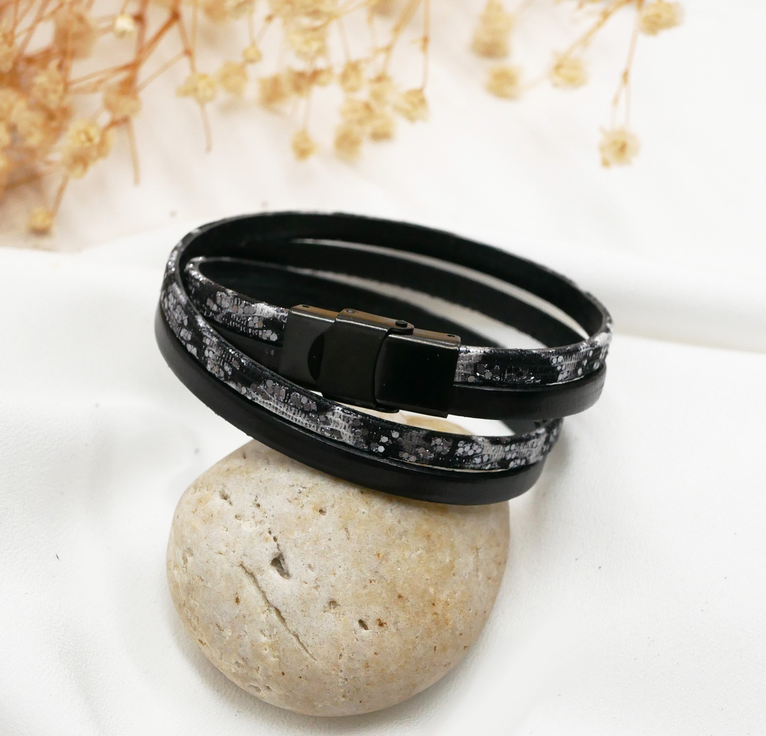 Zwart zilverleren band met glitter om te personaliseren