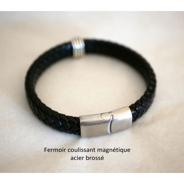 Herenband van gevlochten zwart leer met magnetische stalen gesp en schuifsluiting