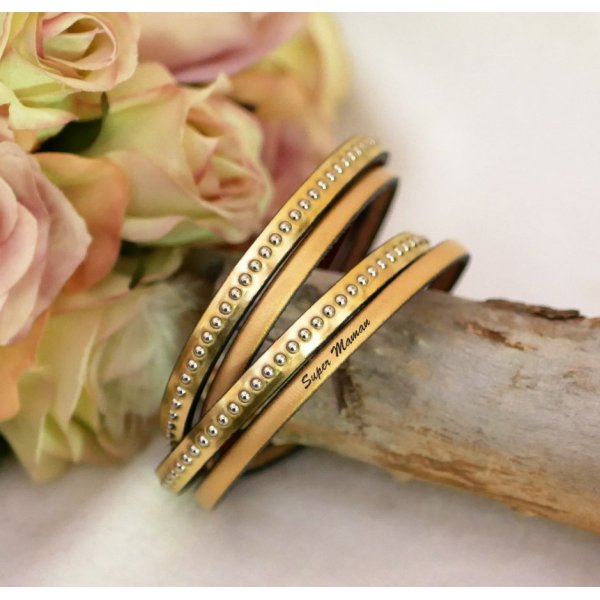 Dubbele gegraveerde gouden lederen riem met zilveren kralen, aanpasbaar