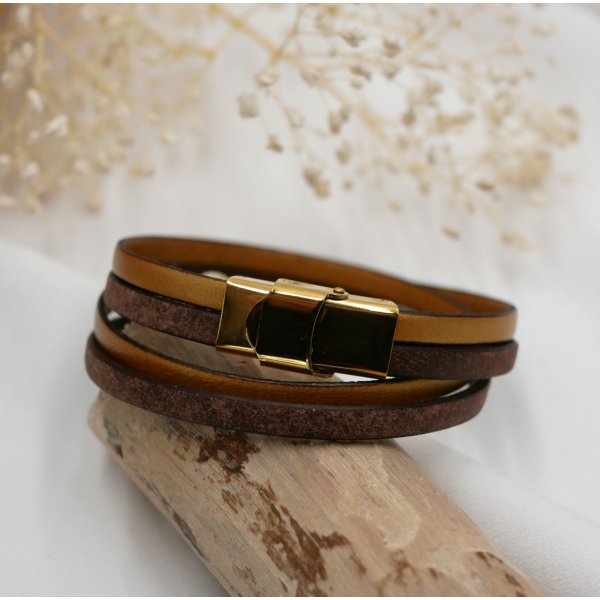 Dubbele lederen armband vintage bruin en een kleur naar keuze te personaliseren door gravure