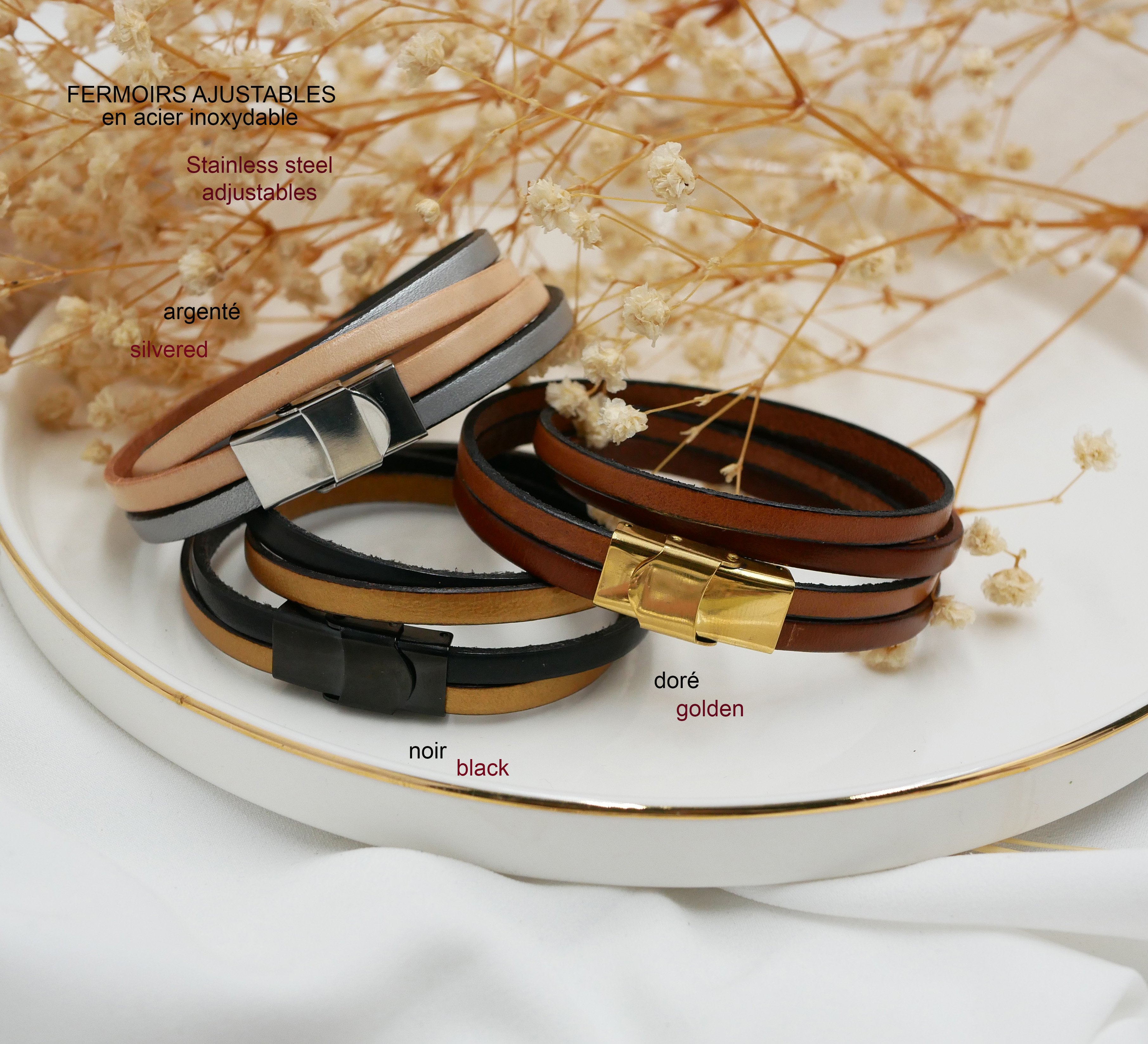 Dubbele lederen armband vintage bruin en een kleur naar keuze te personaliseren door gravure