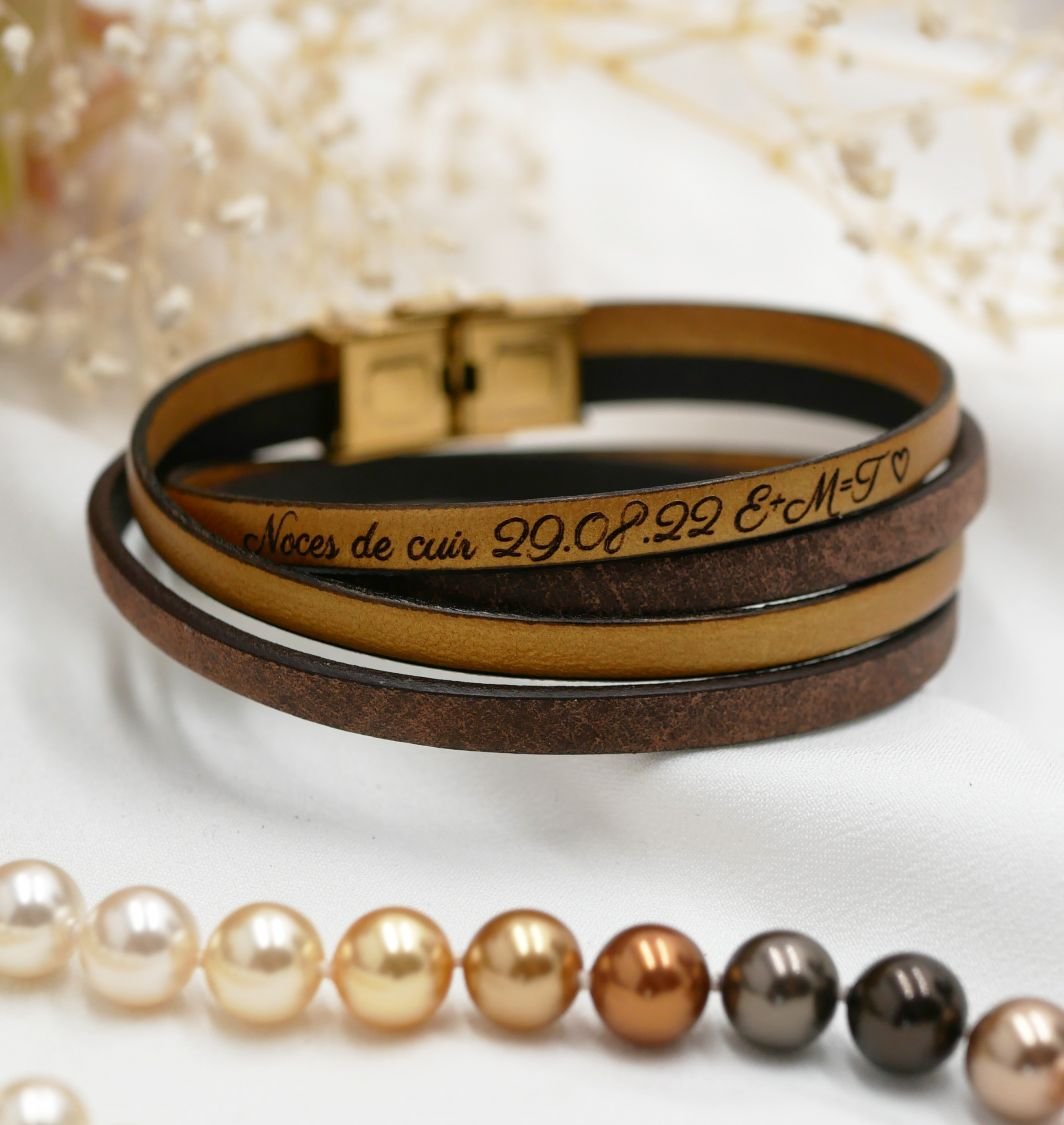 Dubbele lederen armband vintage bruin en een kleur naar keuze te personaliseren door gravure