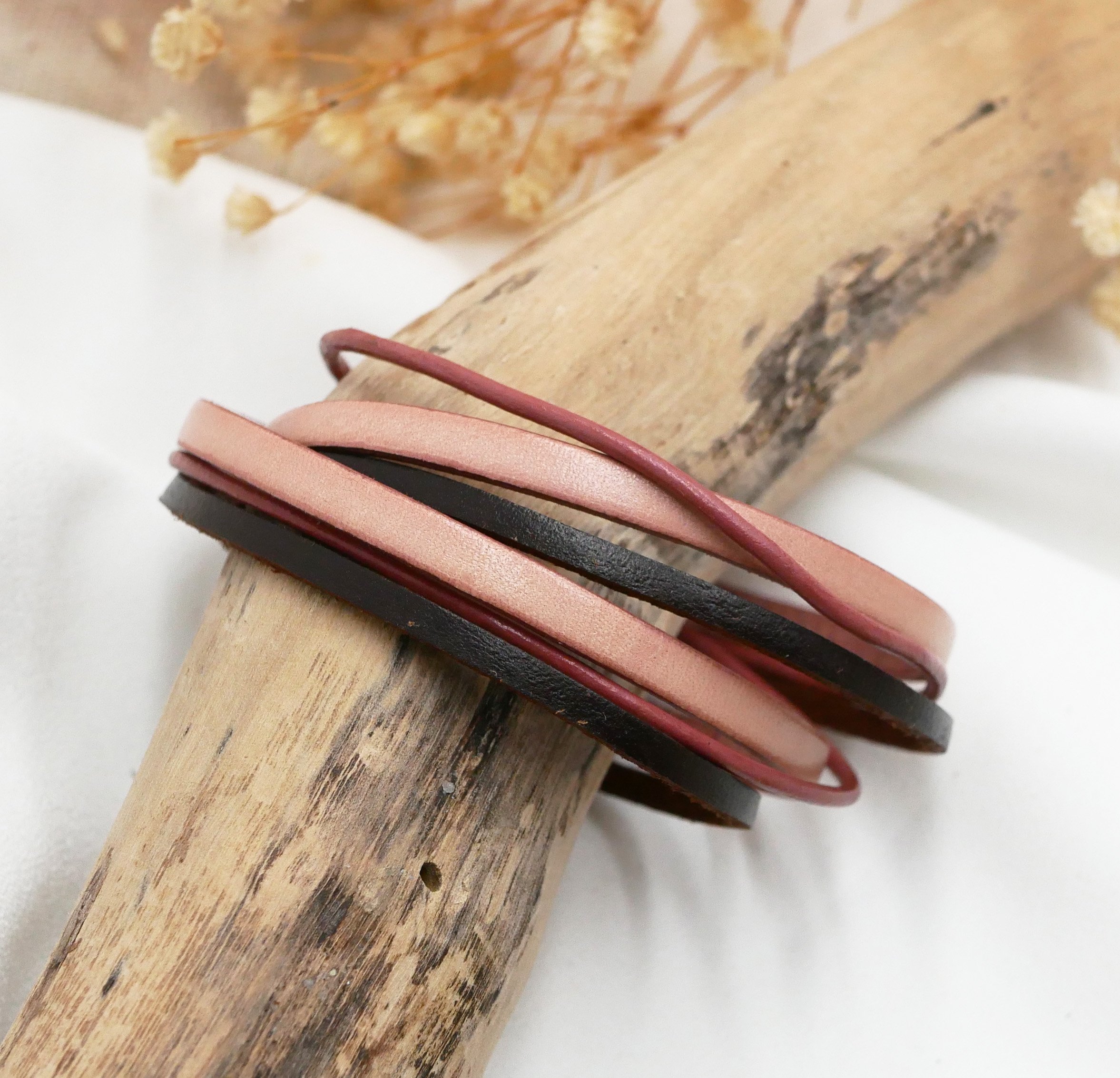 Vintage oudroze en bruin lederen multi-lap armband