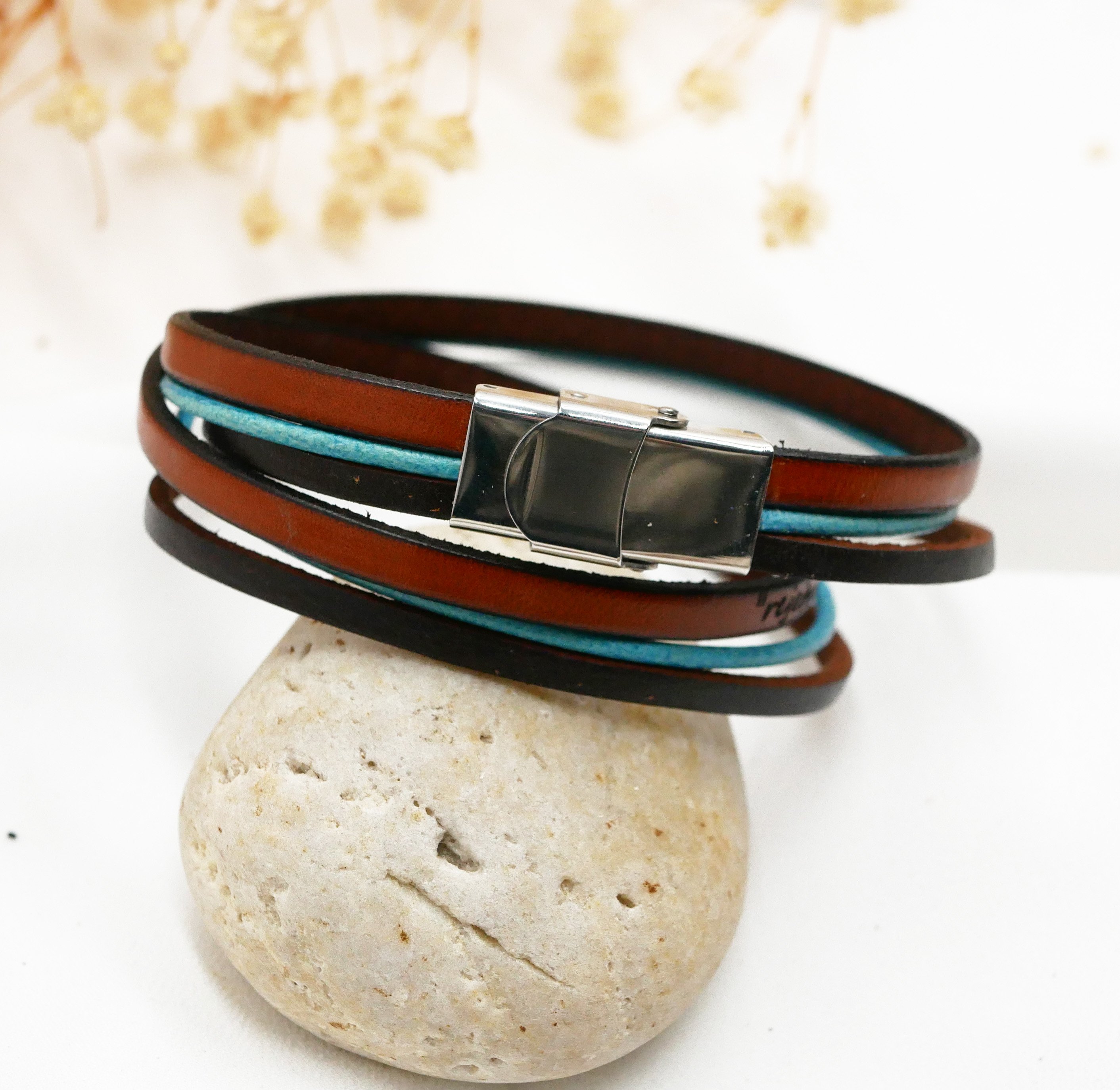 Vintage turquoise en bruine multi-leren dubbele wikkelarmband