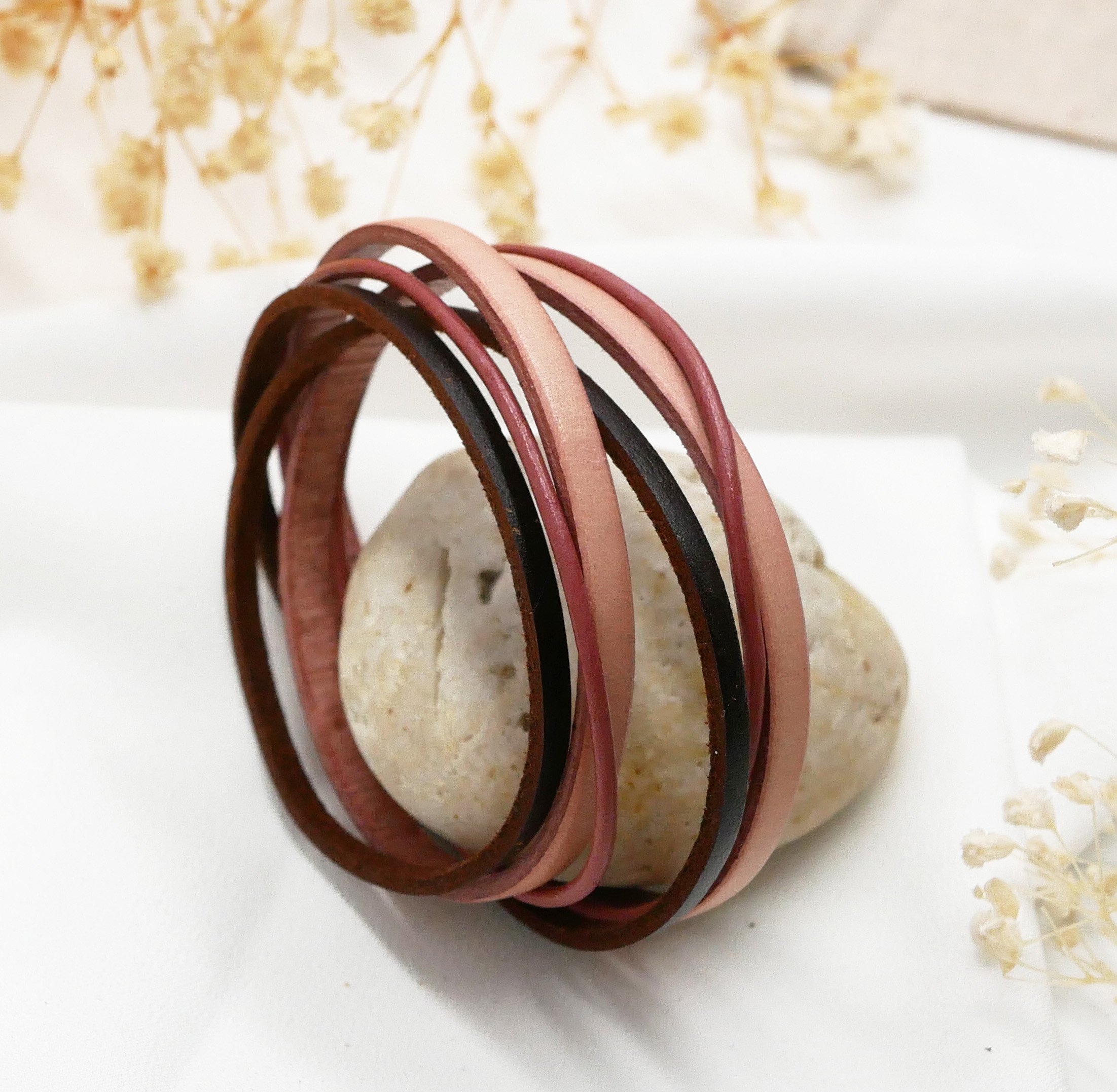 Vintage oudroze en bruin lederen multi-lap armband