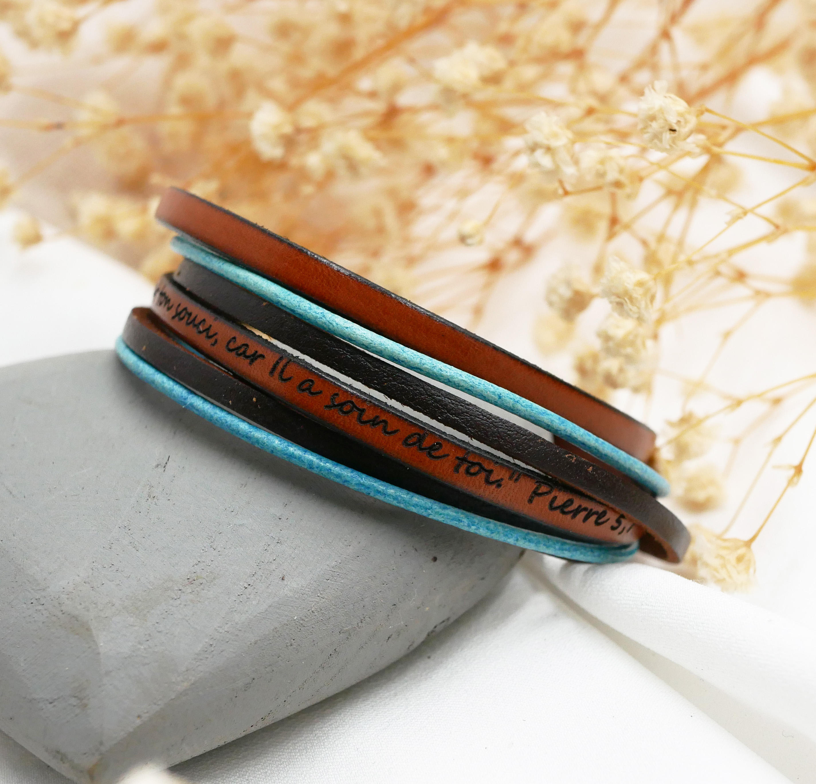 Vintage turquoise en bruine multi-leren dubbele wikkelarmband