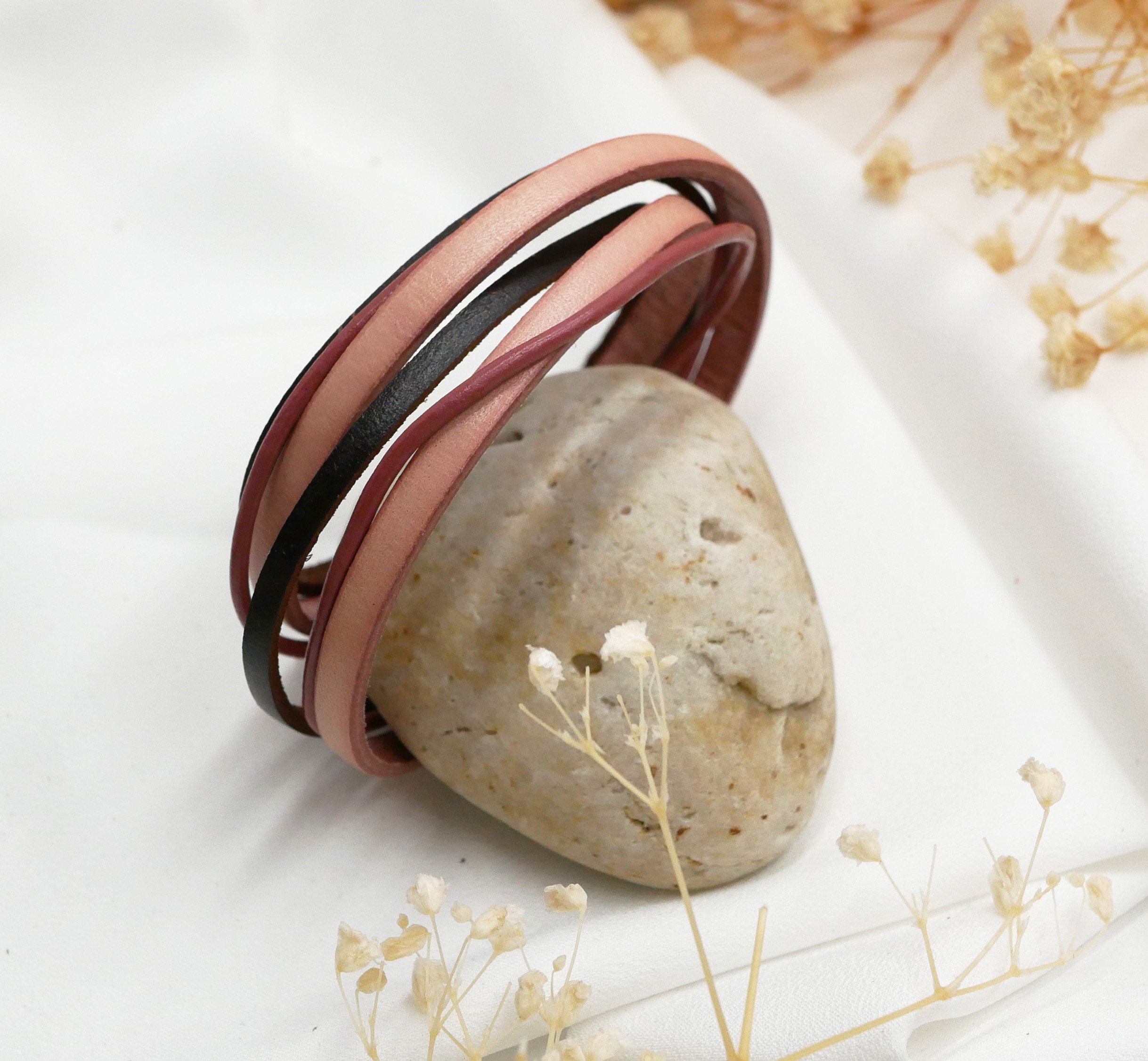 Vintage oudroze en bruin lederen multi-lap armband