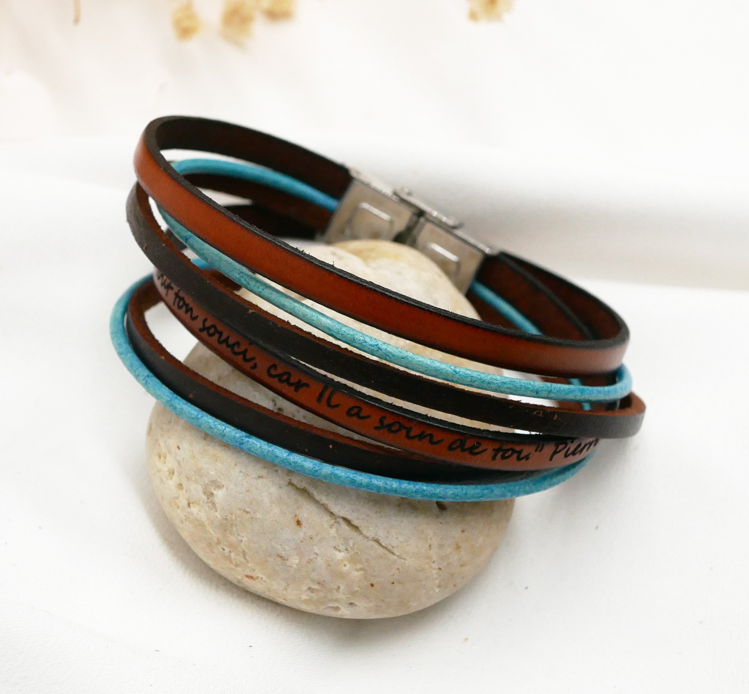 Vintage turquoise en bruine multi-leren dubbele wikkelarmband