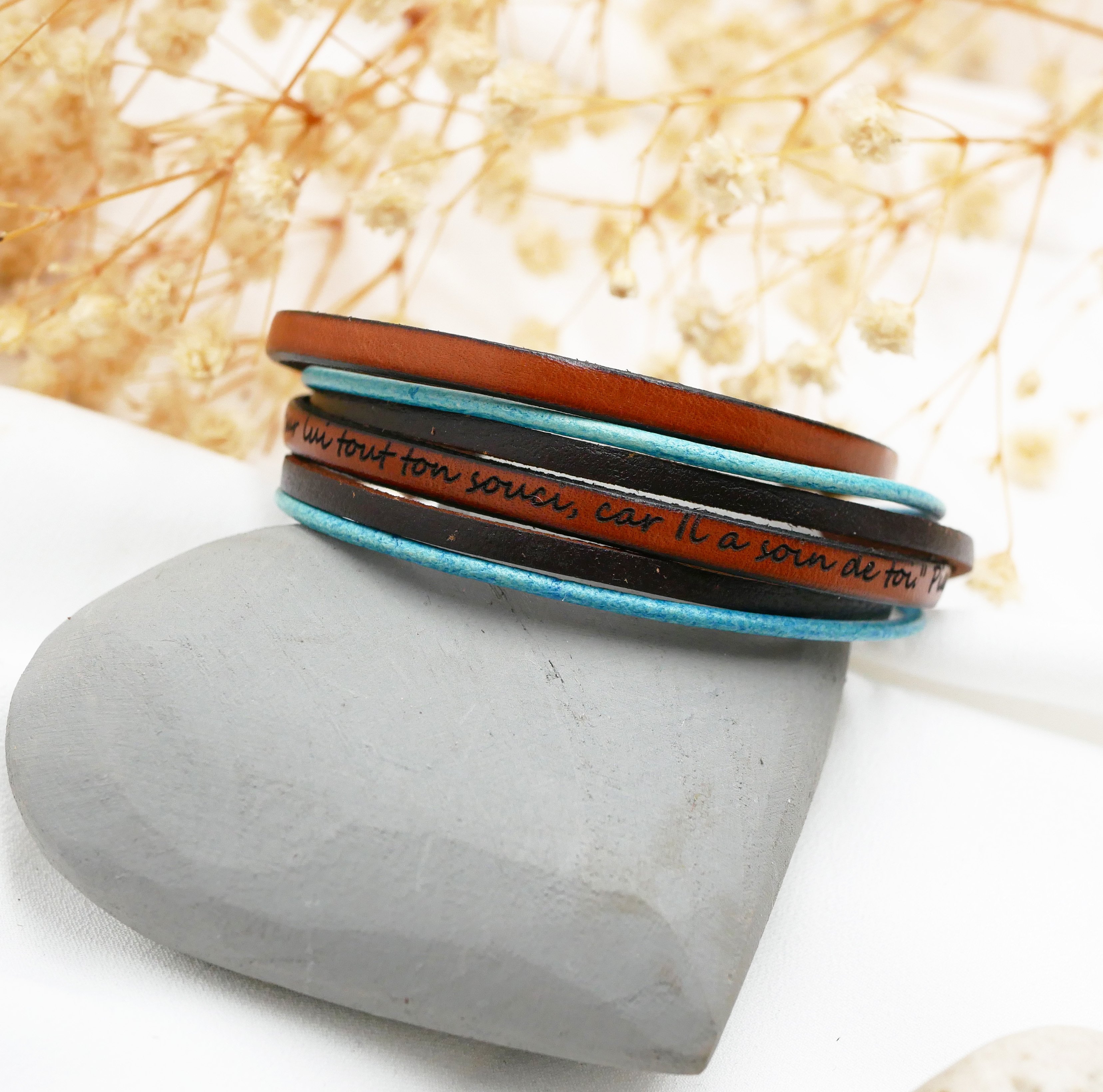 Vintage turquoise en bruine multi-leren dubbele wikkelarmband