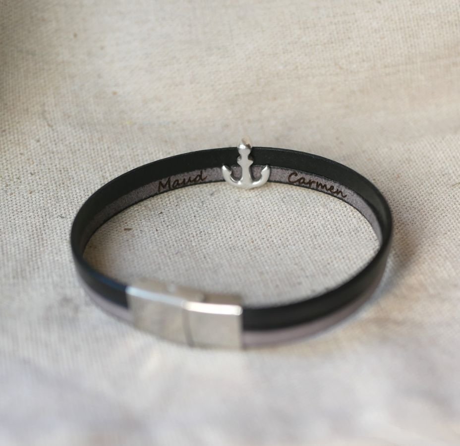 Lederen duo armband met gegraveerd marine anker ontwerp