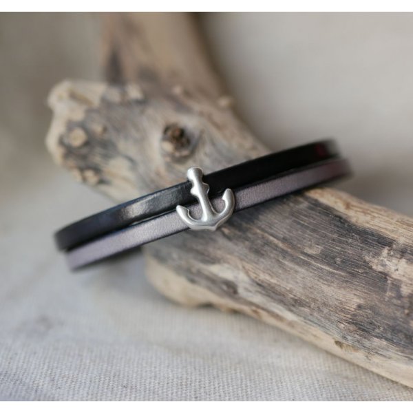 Lederen duo armband met gegraveerd marine anker ontwerp