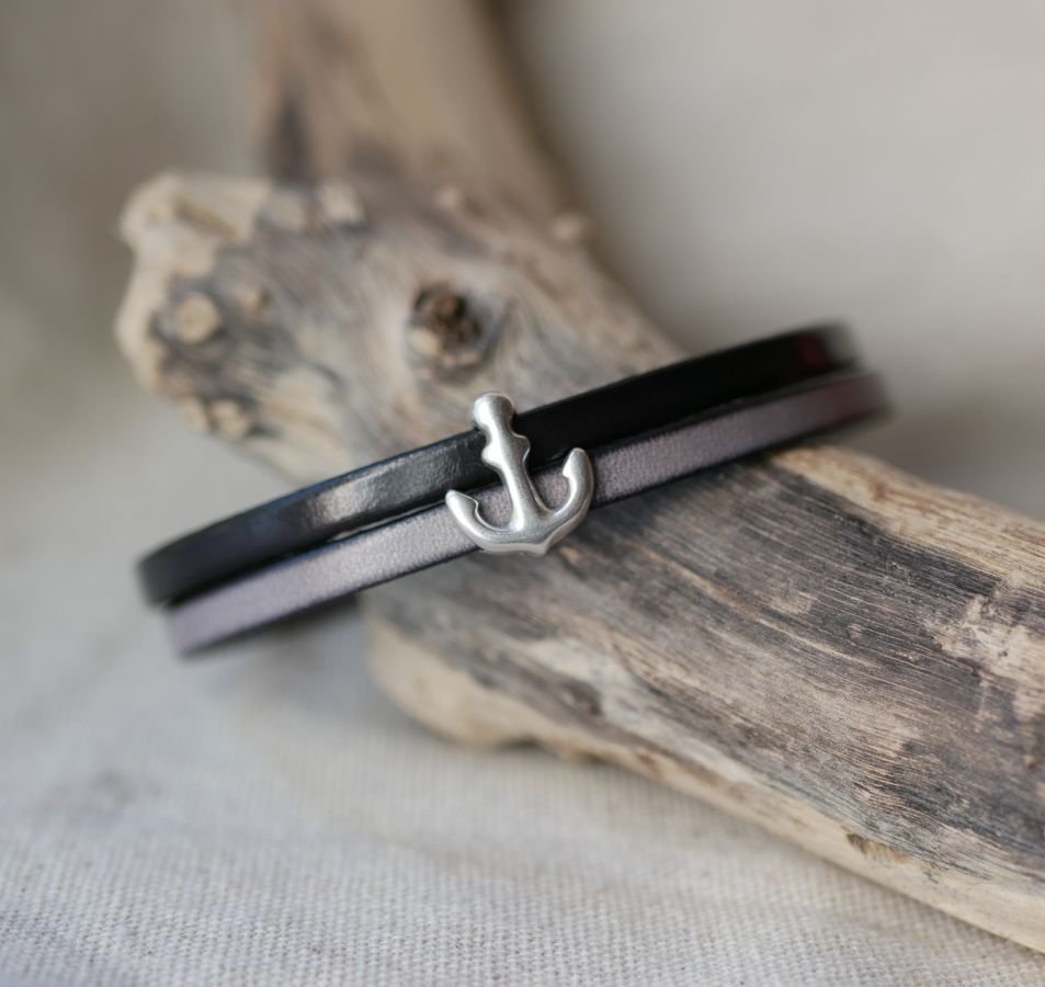 Lederen duo armband met gegraveerd marine anker ontwerp