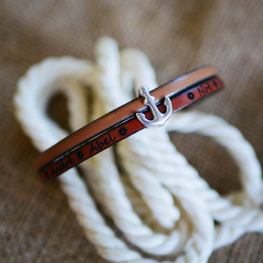 Lederen duo armband met gegraveerd marine anker ontwerp