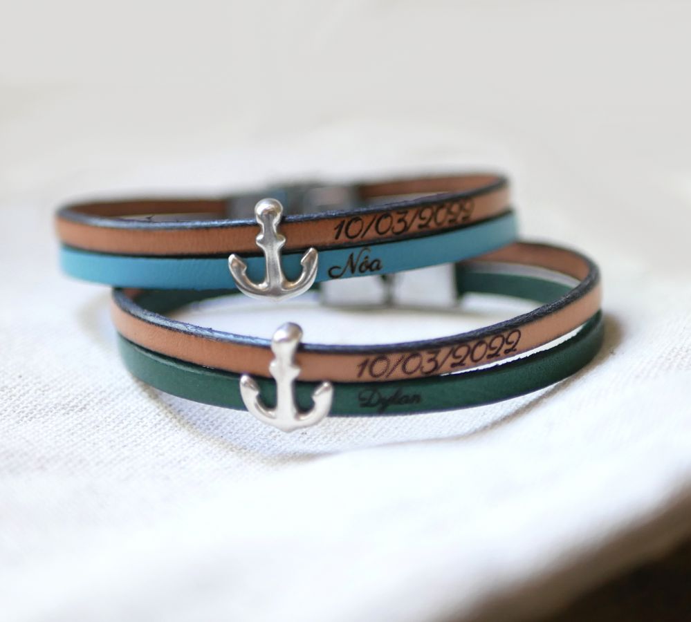 Lederen duo armband met gegraveerd marine anker ontwerp