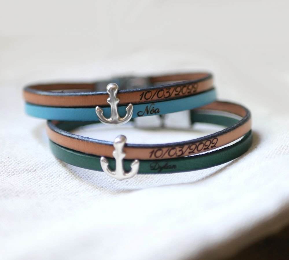 Lederen duo armband met gegraveerd marine anker ontwerp