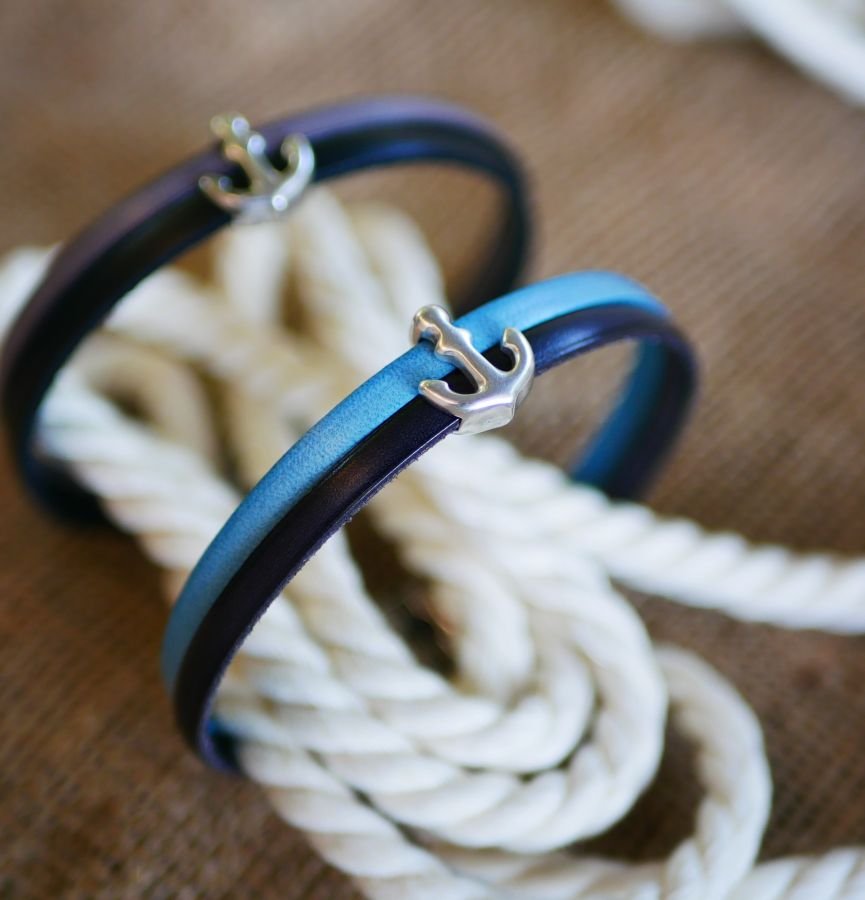 Lederen duo armband met gegraveerd marine anker ontwerp