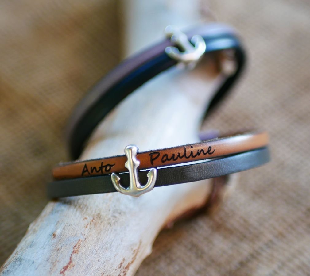 Lederen duo armband met gegraveerd marine anker ontwerp