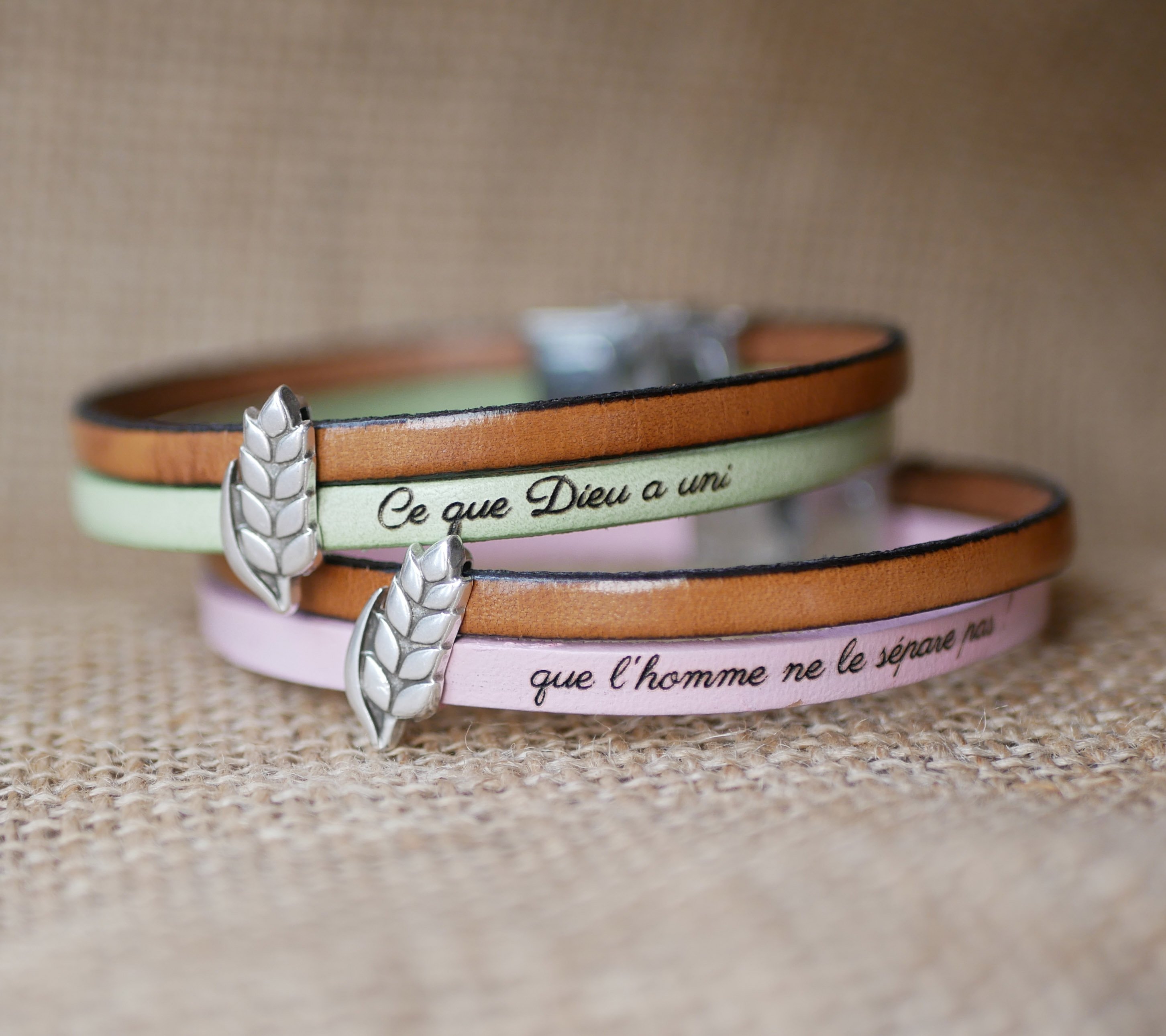 Leren duo armband en aanpasbare tarwe oorlus, man en vrouw tarwe bruiloft