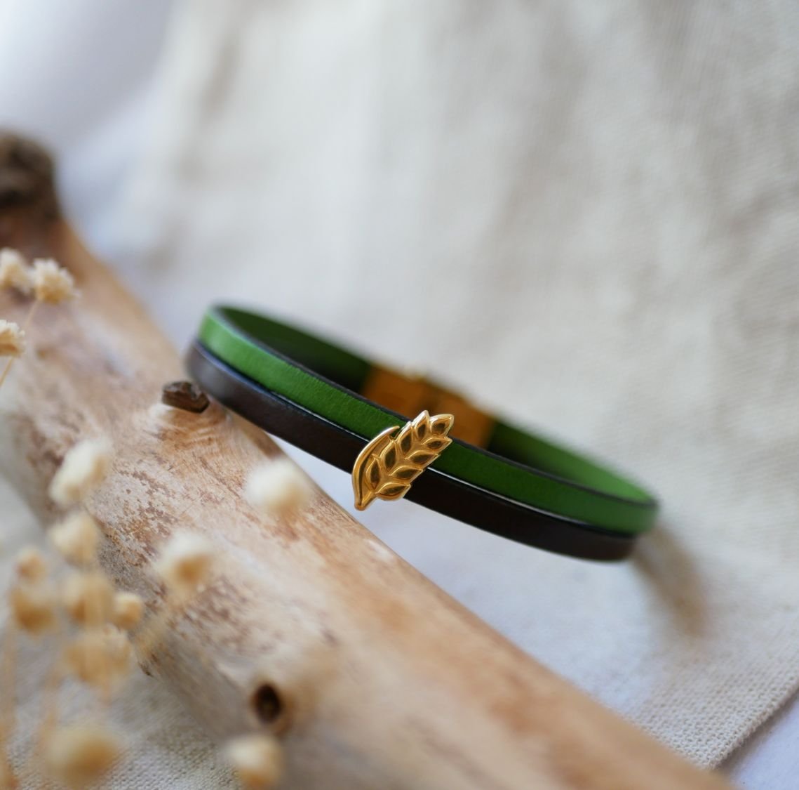 Leren duo armband en gouden tarwe oorlus, aanpasbaar, huwelijkscadeau voor vrouwen