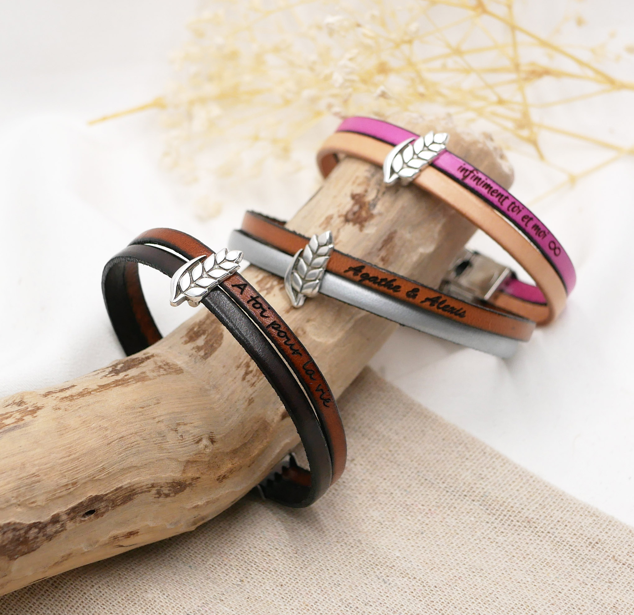 Leren duo armband en aanpasbare tarwe oorlus, man en vrouw tarwe bruiloft