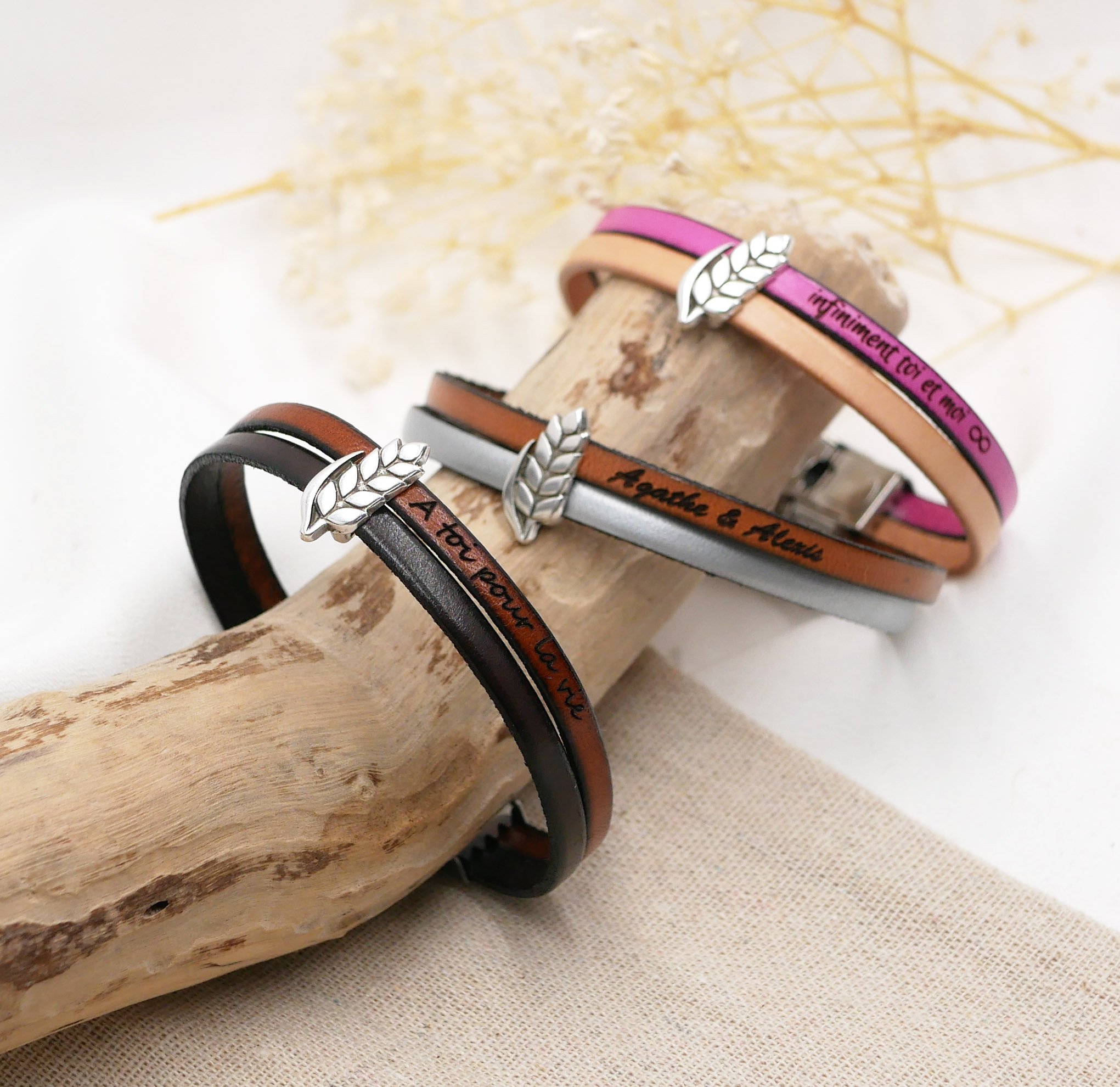Leren duo armband en aanpasbare tarwe oorlus, man en vrouw tarwe bruiloft