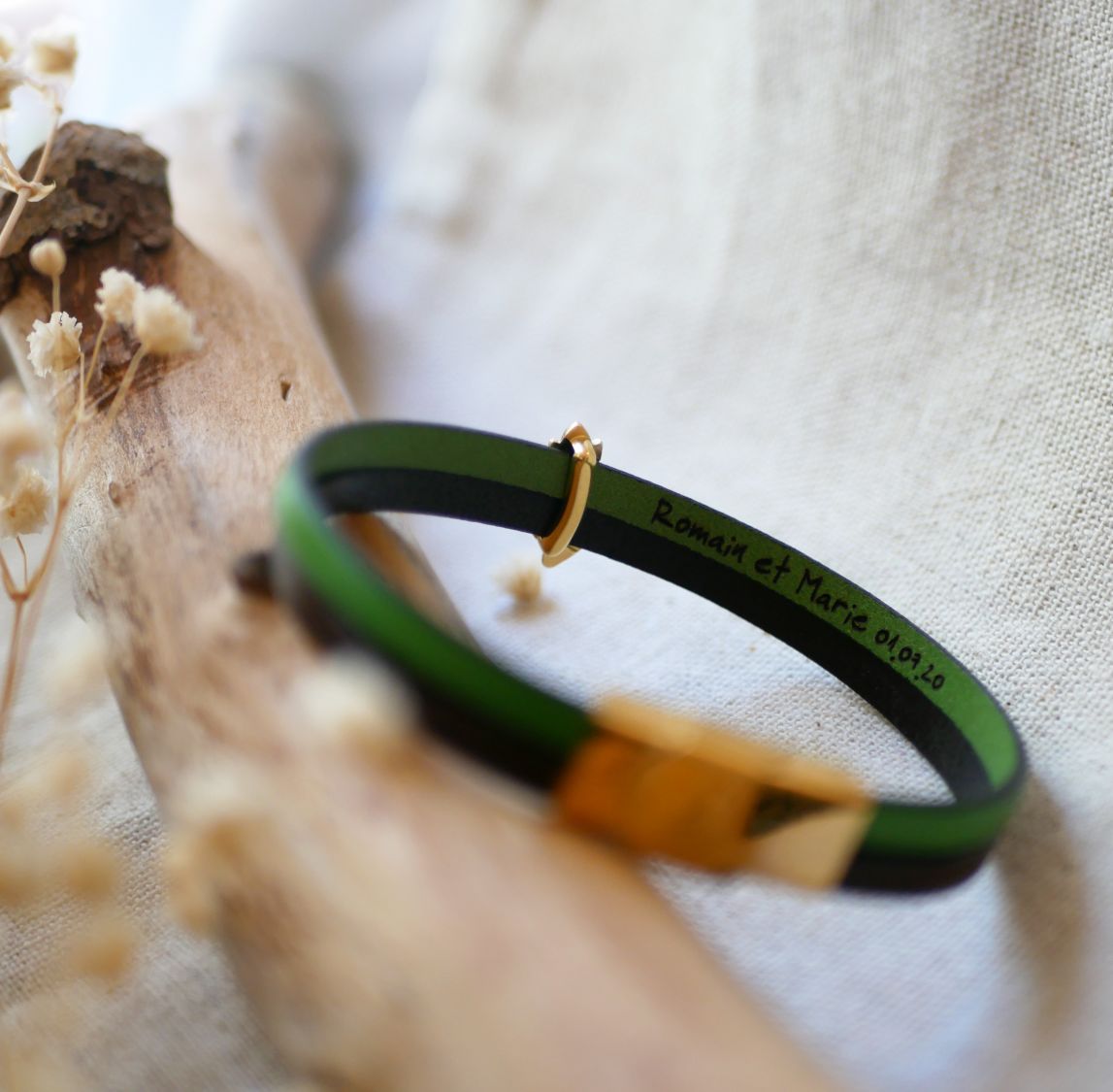 Leren duo armband en gouden tarwe oorlus, aanpasbaar, huwelijkscadeau voor vrouwen